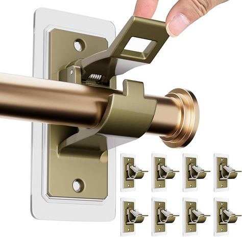 Amazon.com: 8PCS No Drill Curtain Rod Bracket, Self Adhesive Curtain Rod Holders, No Hole, Multipurpose Nail Free Curtain Rod Hooks for Bathroom Living Room Kitchen and Bedroom (Bronze-Gold) : Home & Kitchen Tension Rod Curtains Living Room, Curtains Rods Ideas, No Drill Curtain Rod, Adhesive Curtain Rod, Bathroom Towel Rod, Arched Window Treatments, Hooks For Bathroom, Hanging Curtain Rods, Curtain Rod Hooks