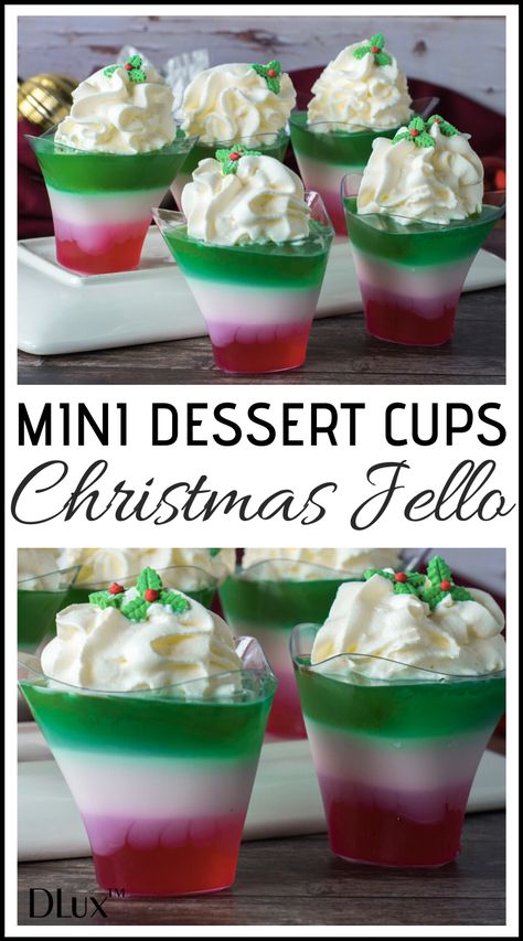 This Chrisitmas Jello in mini dessert cups are perfect holiday dessert recipe! If you are looking for easy Christmas dessert ideas, these beautiful mini cups are perfect! Repin for the full recipe and the quick video tutorial! #christmasdessertideas #christmasdessert #christmasdesserts #christmasdessertrecipe #holidaydessertideas #jellodessert #jellodesserts #jello #easychristmasdessert  #easychristmasdesserts #easyholidaydesserts #easyholidaydessert #easydessertideas #easydessertrecipes Dessert Cups Easy, Holiday Dessert Recipes Easy, Dessert Shooters Recipes, Christmas Jello, Easy Dessert Recipes Christmas, Christmas Desserts Party, Layered Jello, Dessert Cups Recipes, Jello Dessert Recipes