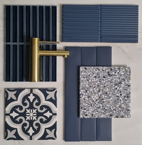 Today's flat-lay showcasing navy features on our stunning onyx white satin backdrop. ​​​​​​​​​ #tiles #perth #melbourne #adelaide… | Instagram Flat Lay Mood Board, Tile Flat Lay, Interior Design Flat Lay, Tile Photography, Satin Backdrop, Architecture Luxury, Tile Showroom, Flat Lays, Blue Tiles