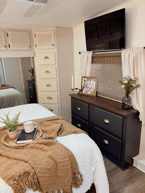 This RV Bedroom Renovation Went from Dark & Dingy to a Serene Suite Rv Master Bed Remodel, Camper Bedroom Ideas, Fifth Wheel Remodel, Rv Bedroom Ideas, Rv Bedroom Remodel, Trailer Updates, Rv Living Room, Rv Remodeling, Travel Trailer Decor