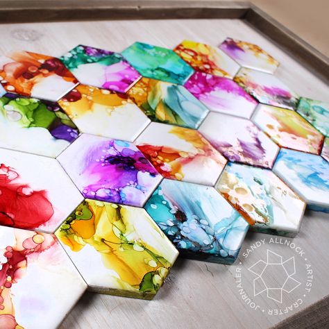 Alcohol Ink Backsplash, Painted Tiles Art, Alcohol Ink Projects, Alcohol Ink On Tile, Alcohol Ink Coasters, Dream Catcher Drawing, Alcohol Ink Tiles, Tile Artwork, Sandy Allnock