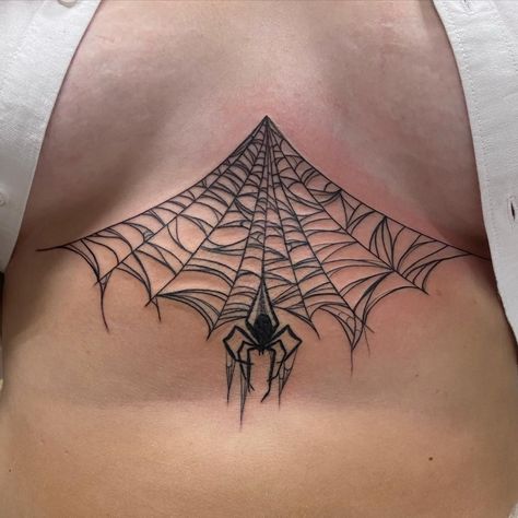 Spider Tattoo Under Chest, Sternum Spider Web Tattoo, Spider Tattoo Sternum, Sternum Spider Tattoo, Spider Tattoo Chest, Spooky Sternum Tattoo, Spider Web Sternum Tattoo, Spiderweb Sternum Tattoo, Spider Sternum Tattoo