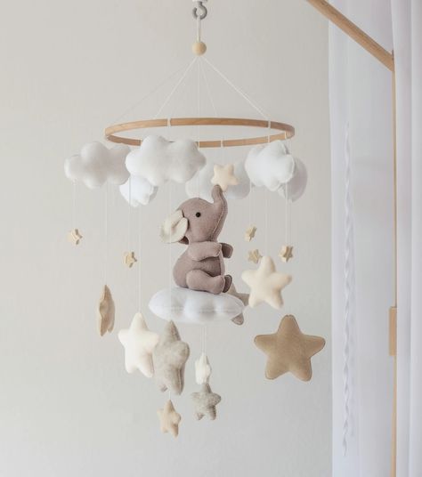 Neutral Baby Room, Elephant Baby Mobile, Elephant Mobile, Boy Mobile, Felt Name Banner, Elephant Nursery Decor, Baby Boy Mobile, Baby Room Neutral, Baby Elefant