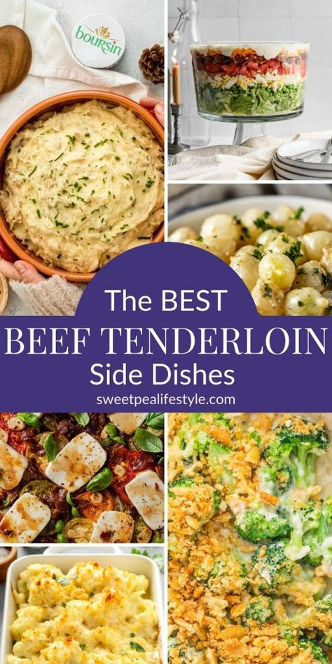 Beef Tenderloin Dinner Ideas, Christmas Dinner Party Menu Ideas Beef Tenderloin, Sides To Go With Beef Tenderloin, Side Dishes With Beef Tenderloin, Filet Side Dishes, Tritip Side Dishes Dinners, Sides With Filet Mignon, Sides For Filet Mignon Dishes, What To Serve With Beef Tenderloin