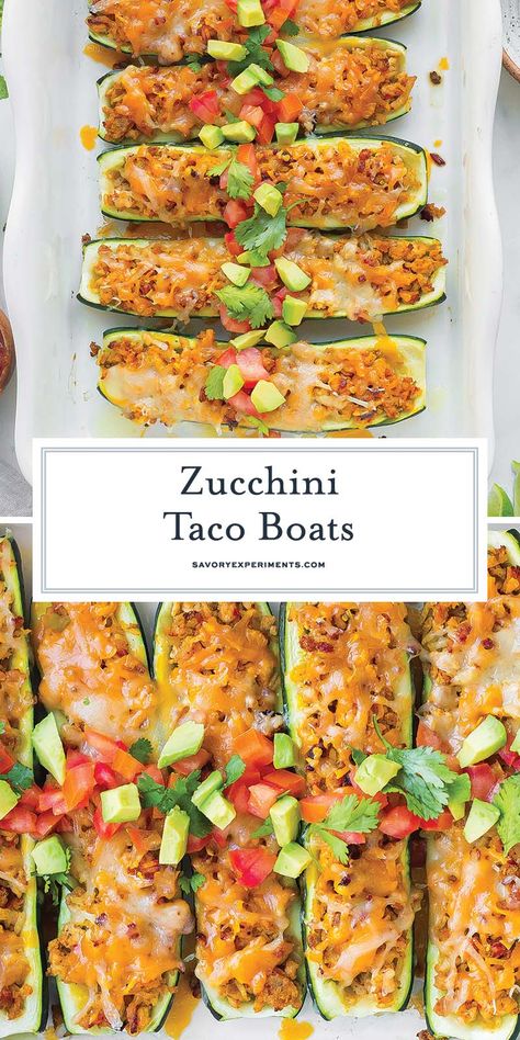 These Zucchini Taco boats are a great way to enjoy that taco flavor you love, while also keeping dinner on the healthier side. Taco Zucchini Boats, Zucchini Tacos, Vegetarian Zucchini Lasagna, Zucchini Taco Boats, Taco Boat Recipes, Taco Zucchini, Easy Low Carb Dinner, Food Rocks, Asian Steak Bites