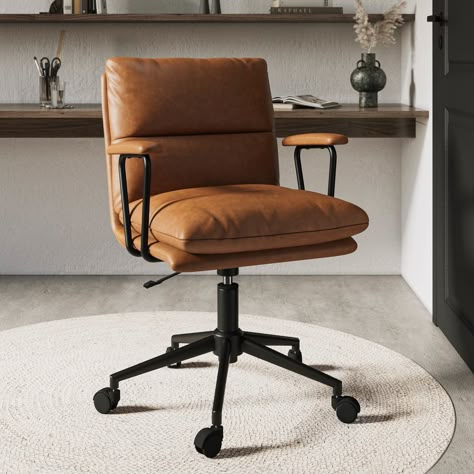 Home Office Leather Chair, Tan Leather Desk Chair, Office Chair Brown, Desk Chair Living Room, Living Room Desk Chair, Working Chair Design, Tan Office Chair, Tan Leather Office Chair, Brown Leather Desk Chair