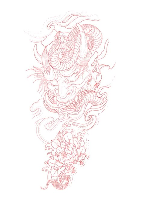 Japanese Inspired Tattoos Sleeve, Snaketattoo Tattoo Designs, Oni Tattoo Stencil, Japan Leg Tattoo, Japanese Fine Line Tattoo, Feminine Japanese Tattoos, Japanese Snake Tattoo Design, Arm Tattoo Snake, Cherry Blossom Tattoo Stencil