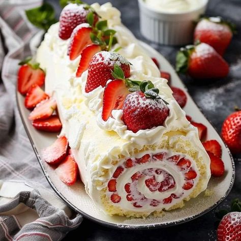 Jamie Oliver Food | Easy Strawberry Cake Roll | Facebook Strawberry Log Cake, Strawberry Shortcake Roll Cake, Strawberry Gateau, Strawberry Cake Roll, Easy Strawberry Cake, Strawberry Roll Cake, Yule Logs, Strawberry Stuff, Strawberry Cake Easy