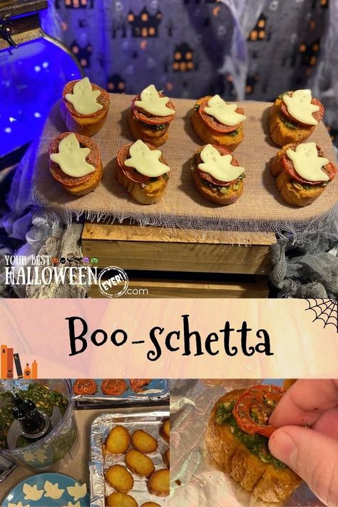 Halloween is coming - is your menu ready? Check out this fast and easy to follow recipe for spooky bruschetta with toasted French bread, roasted tomatoes, pesto made with fresh basil and pepitas, and mozzarella slices cut to look like ghosts! Spooky Bruschetta, Bruschetta Halloween, Ghost Bruschetta, Mozzarella Ghosts, Halloween Bruschetta, Spooky Girls Night, Toasted French Bread, Hand Fasting Ceremony, Halloween Bunco