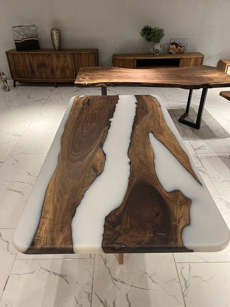 White epoxy resin river dining table, Personalized home decor, Wooden furniture, Handmade gift by LIMBUSArt on Etsy White Resin Table, White Epoxy Table, River Dining Table, Resin Dining Table, Dining Table Price, Custom Dining Tables, Epoxy Table, Handmade Table, Home Decor Online