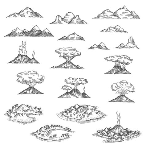 Island mountains, volcano sketch, lava eruption Volcano Sketch, Volcano Drawing, Island Tattoo, Pretty Hand Tattoos, Flower Drawing Tutorials, Mountain Drawing, Bullet Journal Themes, Vector Portrait, Fantasy Map