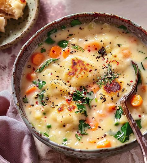 Creamy Vegetable Dumpling Soup Veggie And Dumpling Soup, Vegetables And Dumplings, Veggie Dumpling Soup, Healthy Dumpling Soup, Slow Cooker Creamy Vegetable Soup, Vegetable Soup With Dumplings, Vegetable Soup Dumplings, Vegetable Stew With Dumplings, Soup Recipes With Dumplings