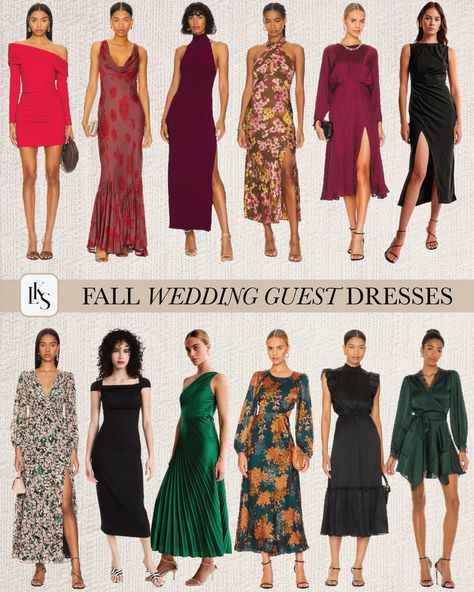 rounding up my fave cocktail dresses for fall weddings + special events #fallweddingguest #fallstyle Cocktail Dress Wedding Guest Fall, Fall Cocktail Dresses, Fall Cocktail Dress, Attire Guide, Cocktail Wedding Attire, Fall Wedding Guest Dresses, Lauren Kay Sims, Dresses For Fall, Fall Cocktail