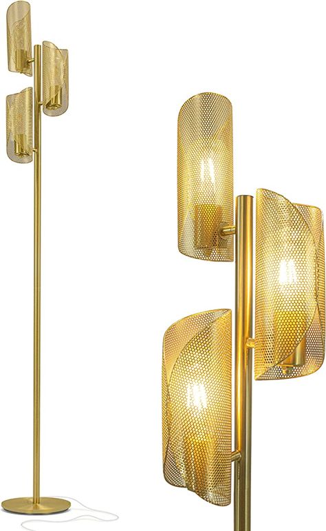 Brightech Lyra LED Tree Floor Lamp for Mid-Century Modern, Contemporary, Industrial Décor, 3 Light Head Standing Lamp with Metal Cage Shade, Standing Pole Tall Lamp for Living Room, Bedroom - Brass - - Amazon.com Tall Lamp, Metal Cylinder, Traditional Floor Lamps, Tree Floor Lamp, Corner Lamp, Led Tree, Gold Floor Lamp, Tall Lamps, Lamp For Living Room