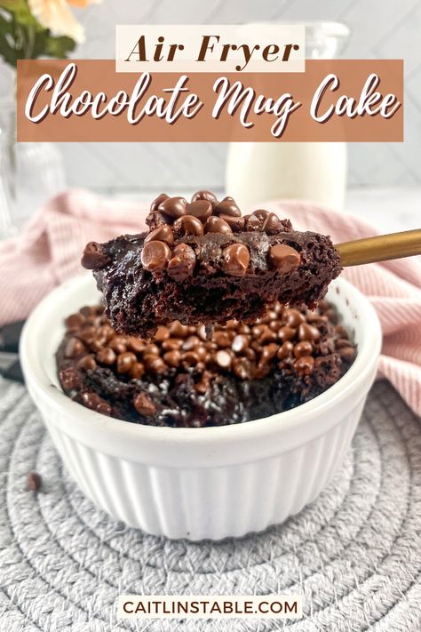 Not only is this air fryer chocolate mug cake the perfect single serving size, but it’s also incredibly easy to make! #AirFryer #Chocolate #MugCake Chocolate Mug Cake Air Fryer, Air Fryer Single Serve Cake, Air Fryer Single Dessert, Single Serving Air Fryer Recipes, Airfryer Mug Cake Recipes, Single Serve Air Fryer Dessert, Airfryer Mug Cake, Single Serve Air Fryer Recipes, Air Fryer Mug Cake