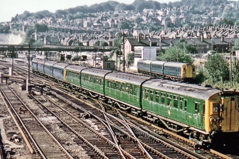 TWO 4-COR UNITS LEAVE GUILDFORD IN DIFFERENT LIVERIES.   1970 and two 4-COR units are in different liveries as can be seen in this Portsmouth to Waterloo service leaving Guildford Southern Trains, Steam Trains Uk, London Brighton, Disused Stations, Southern Railways, British Railways, Electric Train, Southern Region, British Rail