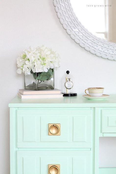 Dresser painted in the color Sweet Pea Olympic paint. 16 of the most versatile paint colors for furniture. Furniture Post, Den Library, Green Painted Furniture, Ikea Outdoor, Library Office, Painted Furniture Colors, Green Paint Colors, Best Paint Colors, Refurbished Furniture