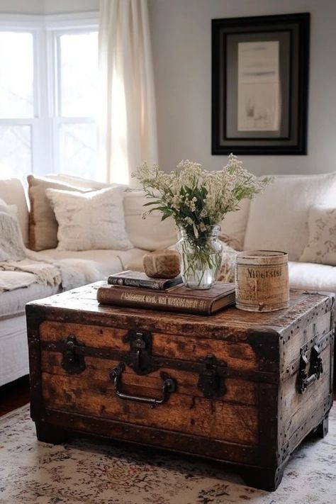 "Create a charming and practical piece with a DIY Vintage-Style Trunk Coffee Table! 🧳☕ Perfect for adding storage and a vintage touch to your decor. 🌟✨ #DIYFurniture #TrunkCoffeeTable #VintageHome" Living Room Decor Ideas Rustic, Room Decor Ideas Rustic, Cozy Living Room Decor Ideas, Cozy Living Room Decor, Trunk Coffee Table, Trunk Table, Farmhouse Living Room Decor Ideas, Coffee Table Trunk, Vintage Interior Design