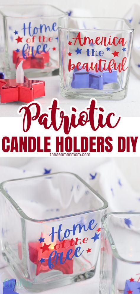 PATRIOTIC CANDLE HOLDERS - These red and blue DIY candle holders are quick and easy home décor craft you can make in a matter of minutes to add some patriotic charm to any room of your house. Votive Candle Holders Diy, Dollar Store Candle Holder, Candle Holders Diy, Patriotic Candles, Blue Diy, Vinyl Display, Glass Votive Candle Holders, Diy Candle Holders, Diy Candle