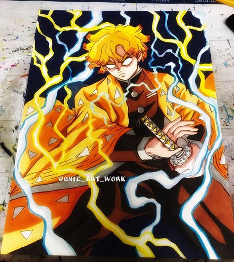 Zenitsu Agatsuma drawing by @unic_art_work Zenitsu Agatsuma Drawing, Demon Slayer Zenitsu Drawing, Anime Sketch Zenitsu, Demon Slayer Drawing Sketch Zenitsu, Demon Slayer Painting Zenitsu, Tokyo Ghoul Drawing, Clown Crafts, Black Cartoon Characters, Anime Canvas