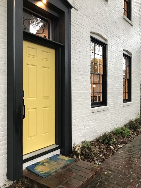 Grey House Black Trim, House Black Trim, Yellow House Exterior, Pub Ideas, Colorful Doors, Yellow Front Doors, Office Doors, Black Shutters, Yellow Door