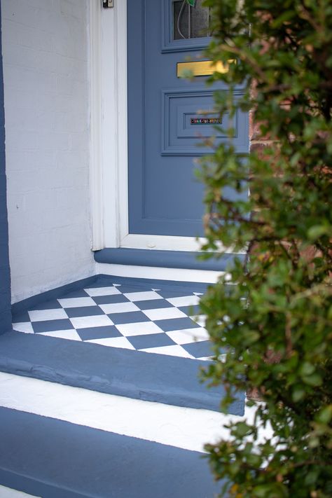 Paint Concrete Stairs, Tiled Front Door Step, Painted Floor Tiles, Juniper Ash, Porch Tiles, Door Stairs, Hallway Tiles, Painted Porch Floors, Exterior Render