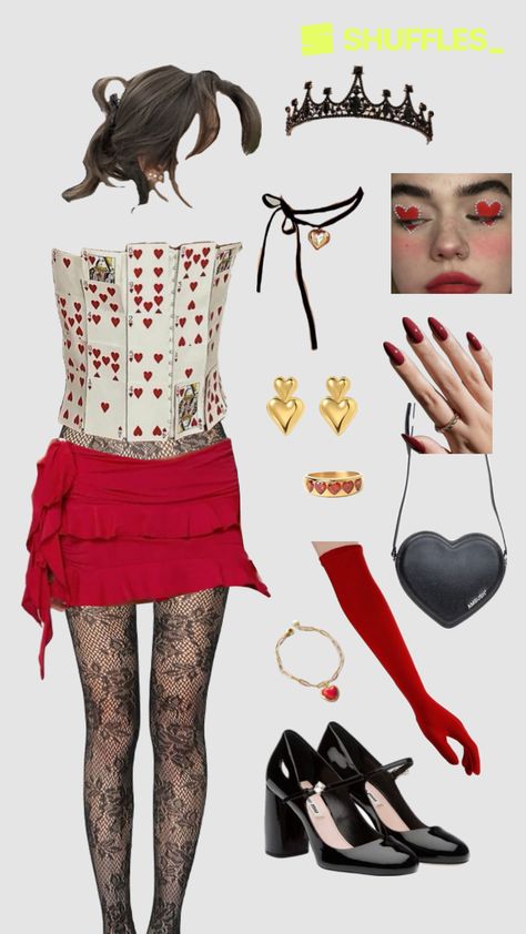 Queen Of Hearts Costume Rave, Knave Of Hearts Costume Diy, The Red Queen Costume, Red Queen Costume Alice In Wonderland, Queen Of Hearts Costume Aesthetic, Alice In Wonderland Queen Of Hearts Costume, Red Queen Outfit, Red Queen Halloween Costume, Queen Of Hearts Outfit Ideas