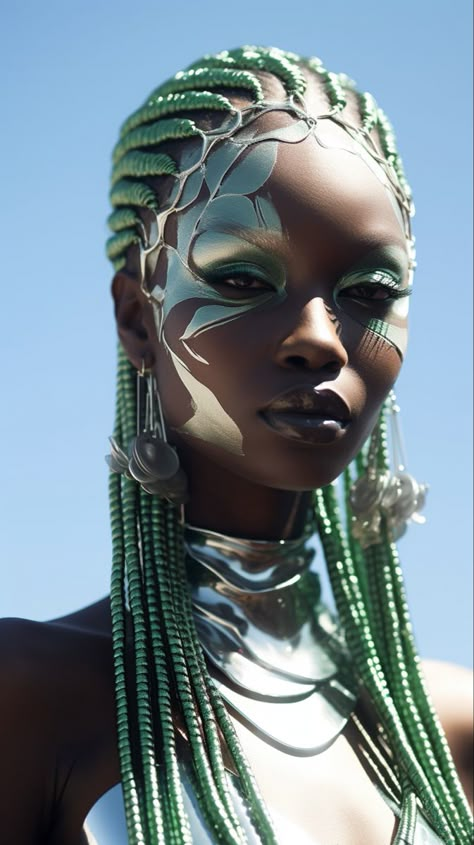 Black Futurism Fashion, Afro Futurism Makeup, Futuristic Hairstyles Women, Moon Hairstyles, Sci Fi Hairstyles, Robot Hair, Afro Futurism Fashion, Afro Punk Hairstyles, Cyberpunk Hairstyles