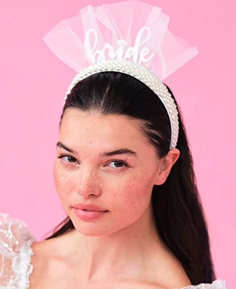 Bride to Be: our pearly white acrylic "Bride" lettering sits on top of the pearl headband, in front of a 9" wide + 4" tall silky white mesh - so yeah, we made sure it's 100% big enough for everyone to know it's your last night out! Bridal Pearl Headband, White Headpiece, True Bride, Pearl Bride, Pearl Bridal Headband, The Bachelorette Party, Bridesmaid Favors, Headband White, Bachelorette Decorations