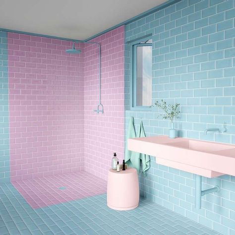 This is a cotton candy themed bathroom Colorful Bathroom Ideas Bright, Pastel Bathroom Ideas, Candy Bathroom, Bathroom Designs 2023, Bathroom Tile Design Ideas, Pastel Interior Design, Pastel Bathroom, Tile Design Ideas, Pastel Interior