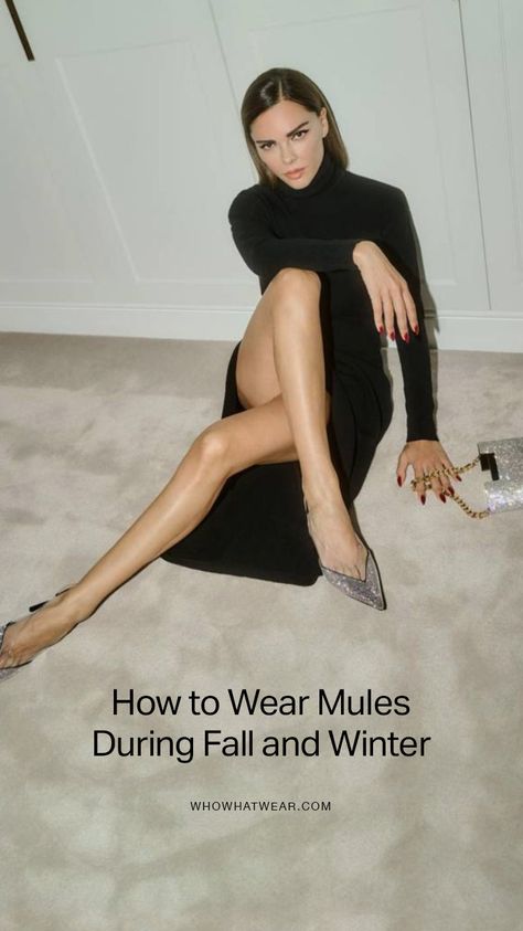 Mules In Winter Outfit, Women’s Outfit With Mules, Style Mules Outfit, Kitten Heels With Socks Outfit, Winter Mules Outfit, Kitten Heel Mules Outfit, Mule Pumps Outfit, How To Wear Mules In Winter, Socks With Mules Outfit