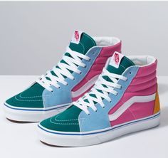 Custom Vans High Tops, Vans Shoes High Tops, Colorful Vans, Hightop Vans, Cute Vans, Sk8 Hi Vans, Running Shoes Design, Tenis Vans, Custom Shoes Diy