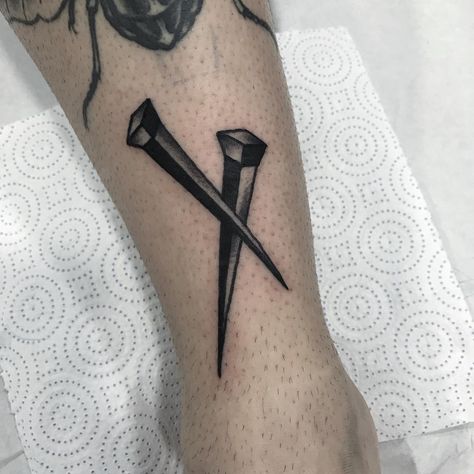 Old School Chain Tattoo, Traditional Thorn Tattoo, Crucifixion Nails Tattoo, Traditional Crucifix Tattoo, Coffin American Traditional Tattoo, Daniel Tattoo, Teardrop Tattoo, Nails Tattoo, Coffin Tattoo