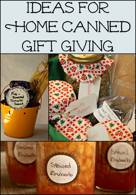 Use these ideas for home canned gift giving and make the most of those summer preservation sessions to save time later. Preserves Gift Basket Ideas, Gifting Canned Goods, Preserve Gift Basket, Decorating Canned Goods For Gifts, Jam And Jelly Gift Basket Ideas, Homemade Jelly Gift Basket Ideas, Canning Gift Basket Ideas, Canned Goods Gift Basket, Canning Gift Ideas