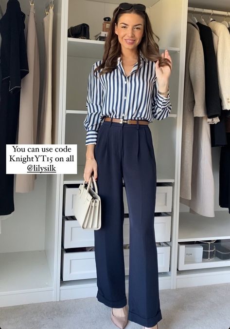 Blue Formal Pants Outfit For Women, Outfits For Navy Blue Pants, Blue Shirt Office Outfit, Blue Slacks Outfit Women, Blue Pants Work Outfit Women, Blue Pants Outfit, Formal Casual Outfits, Pant Outfits For Women, Slacks Outfit