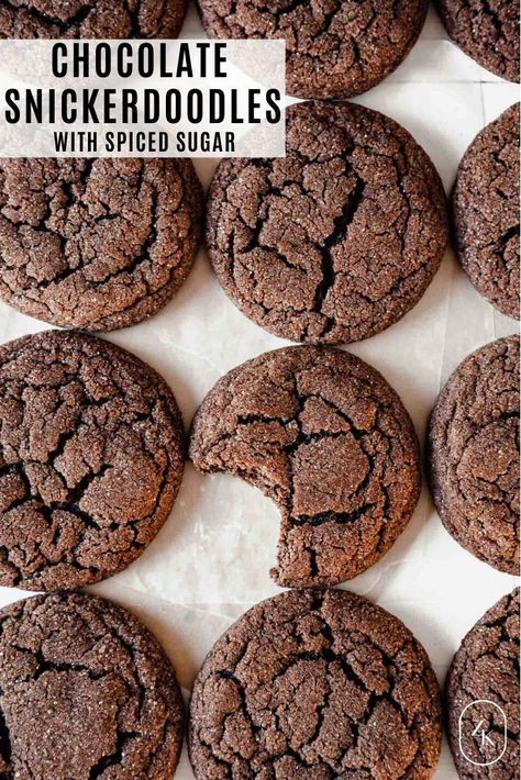 Chewy Chocolate Snickerdoodle Cookies! Made like a classic snickerdoodle, this chocolate version has more flavor and dimension, plus they get rolled in a spiced sugar mixture right before baking. | Zestful Kitchen #chocolatecookies #chewychocolatecookies #snickerdoodles #chocolatesnickerdoodle Chocolate Snickerdoodles, Chewy Chocolate Brownies, Cinnamon Biscuits, Chewy Chocolate Cookies, Five Spice, Spiced Chocolate, Dark Chocolate Cookies, Chocolate Cookie Dough, Ice Cream Cookie Sandwich