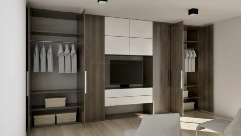 Wardrobe Tv Bedroom, Tv In Closet Ideas Bedrooms, Bedroom Wardrobe With Tv, Fitted Wardrobe Ideas, Tv Console Design, Walk In Wardrobe Design, Wardrobe Laminate Design, Wardrobe Tv, Fitted Wardrobe