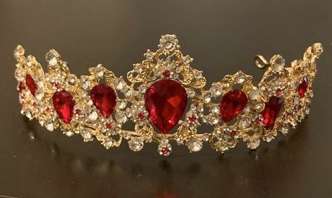 Gold Crown With Red Jewels, Red Quince Tiara, Red And Gold Crown Quinceanera, Red Quinceanera Shoes, Red Crowns For Quinceanera, Red And Gold Tiara, Red Quince Crown, Crowns For Quinceanera, Red Quinceanera Theme