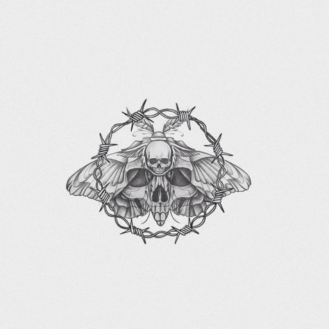 Dragon Fly Skull Tattoo, Skull Barbed Wire Tattoo, Skull With Barbed Wire Tattoo, Deathmoth Skull Tattoo, Moth With Skull Tattoo, Barb Wire Tattoo For Women, Moth Skull Tattoo, Belly Tattoo Ideas, Barb Wire Tattoo