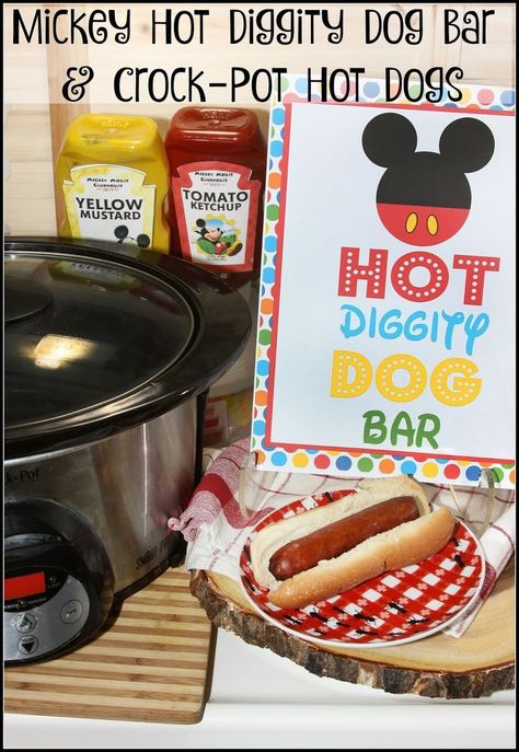 Crockpot Hot Dogs for a Crowd and Mickey Hot Diggity Dog Bar #DisneyKids Hot Diggity Dog Bar, Parties Food, Hot Dog Toppings, Dogs Birthday, Hot Dog Bar, Appetizers For A Crowd, Mickey Birthday, Foodie Friends, Mickey Mouse Party