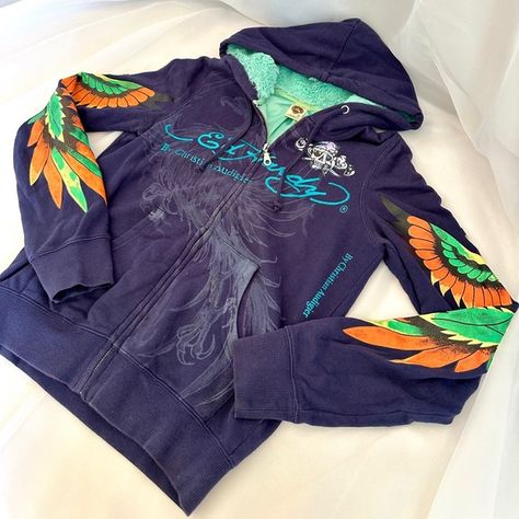 Y2K Vintage Ed Hardy Zip Up Hoodie. Navy Blue & Teal. Fur Hoodie. XS Ed Hardy Zip Up, Vintage Ed Hardy, Fur Hoodie, Poshmark Y2k, Blue Teal, Ed Hardy, Zip Up Hoodie, Y2k Vintage, Zip Ups