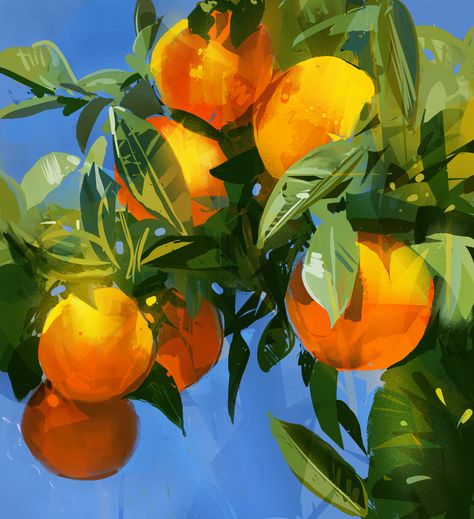 Digital painting on the Ipad pro Orange Illustration Art, Blue Orange Painting, Food Acrylic Painting, Orange Blue Aesthetic, Orange Digital Art, Orange Tree Painting, Blue And Orange Aesthetic, Arte Peculiar, Orange Painting