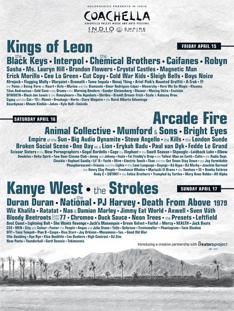 coachella 2011 Coachella Poster, Coachella Lineup, Ceelo Green, Animal Collective, Arcade Fire, Brandon Flowers, Coachella Valley Music And Arts Festival, Music Festival Poster, Mumford & Sons