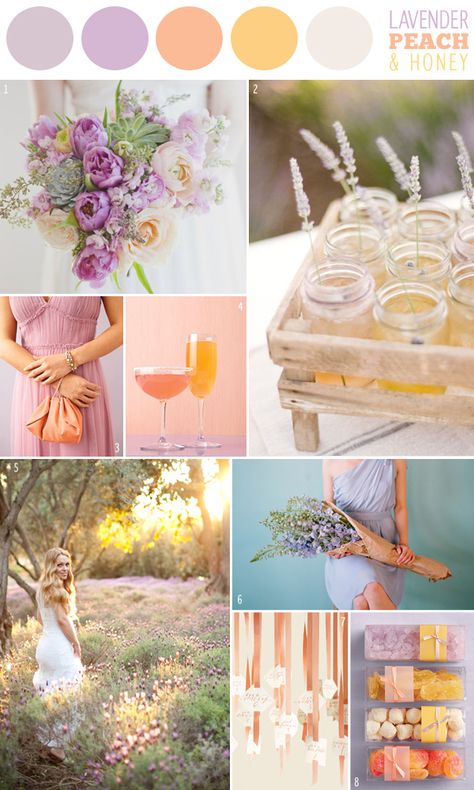 wedding color combination: Lavender, Peach & Honey (aka purple, yellow and peach) Peach Color Schemes, Lavender Color Palette, Peach Honey, Wedding Color Combinations, Gold Inspiration, Wedding Colors Purple, Summer Wedding Colors, Wedding Palette, Wedding Theme Colors