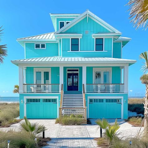 3+ Bright and Inviting Exterior Color Combinations with Turquoise and Alabaster White • 333+ Images • [ArtFacade] Teal House Paint Exterior, Light Teal House Exterior, Beach House Colors Exterior, Carribean Decor, Turquoise Beach House, Coastal Exterior House Colors, Home Exterior Colors Combinations, Modern Beach House Exterior, Beach House Exterior Colors