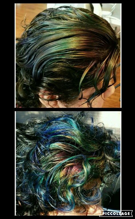 Oil Slick Short Hair, Nature Inspired Hair Color, Short Oil Slick Hair, Oil Slick Aesthetic, Oil Spill Hair Dye, Oil Green Outfit, Oil Spill Hair Color, Pigeon Hair, Oil Slick Nails