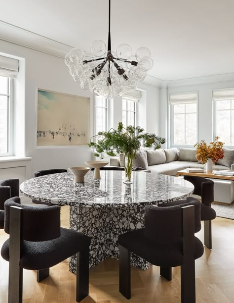 Uptown Apartment 2 – Hilary Matt Interiors Cool Dining Rooms, Terrazzo Dining Table, City Kitchen, Dinning Room Design, Bubble Chandelier, Black Dining Chairs, Dining Room Interiors, Apartment Decor Inspiration, Dining Room Inspiration