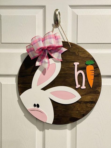 Easter Round Wood Signs, Easter Wooden Door Hangers, Spring Signs Wooden, Spring Door Hangers, Easter Porch Decor, Easter Wood Signs, Easter Wood Crafts, Bunny Door Hanger, Bow Fabric