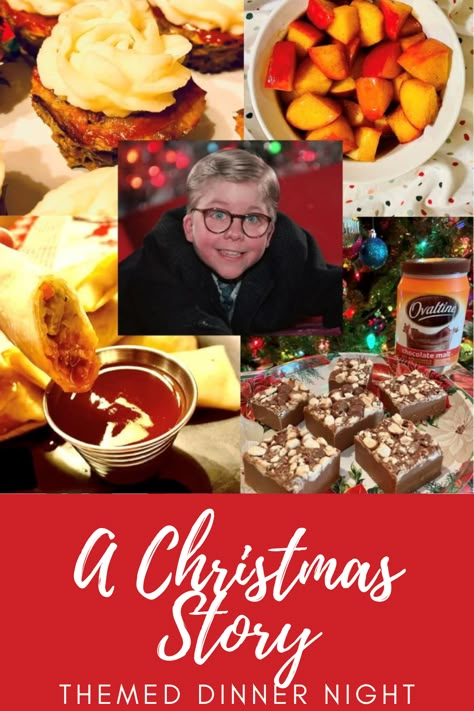 A Christmas Story Themed Dinner Night and Menu A Christmas Story Dinner And A Movie, A Christmas Story Movie Snacks, The Christmas Story Movie Party, A Christmas Story Themed Food, A Christmas Story Food Ideas, Christmas Story Movie Party Ideas, Christmas Story Food Ideas, A Christmas Story Movie Night, Christmas Mystery Dinner Menu Ideas