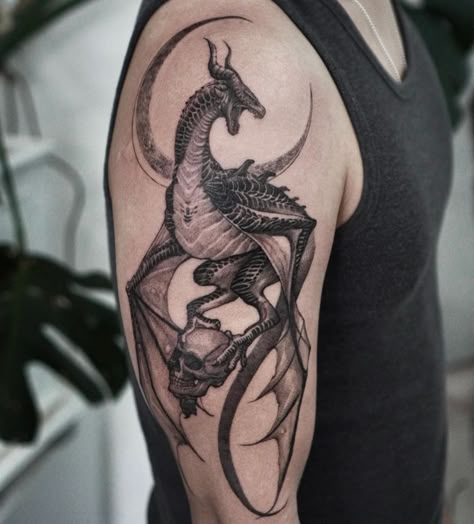 Dragon Tattoo For Man Arm, Dragon Tattoo Detailed, Dragon Tattoo Men Leg, Masculine Dragon Tattoo, Caraxes Dragon Tattoo, Dragon Tattoos For Men Shoulder, Shadow Dragon Tattoo, Scary Dragon Tattoo, Dark Dragon Tattoo